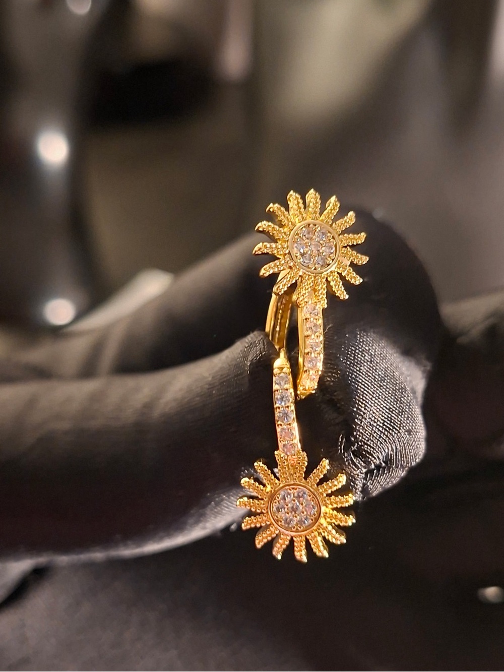 Gold-Filled Sunburst Huggie Drop Earrings with Clear Stones